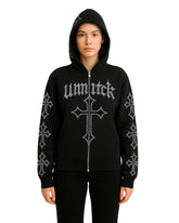 Unisex Gothic Rhinestone Cross Black Hoodie